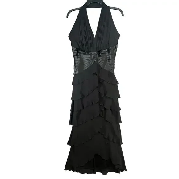 Tadashi Shoji Y2K Halter Dress 12 Black Silk Tiered Layer Cocktail Gown Romantic - Picture 6 of 16